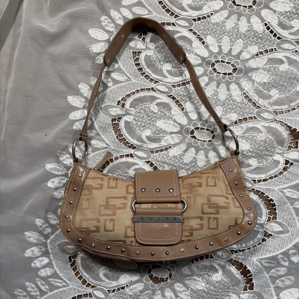 RARE Guess Y2K Monogram Jacquard Baguette Shoulder Bag Tan Rhinestone Studded
